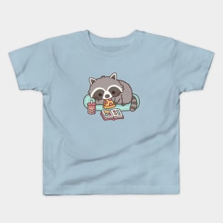 Cute Raccoon With Pizza Bubble Tea And Manga Kids T-Shirt